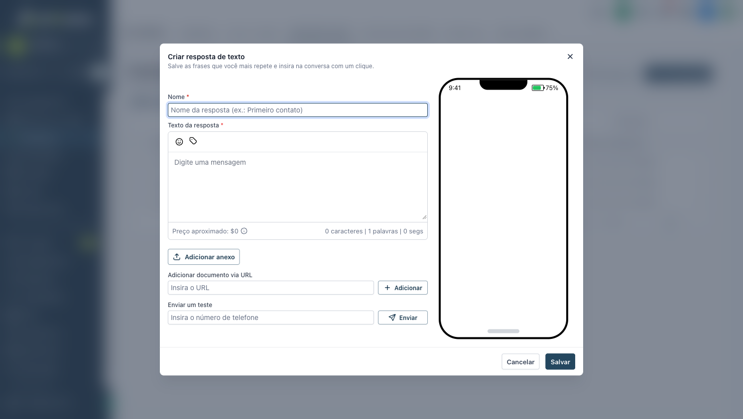 Janela Criar resposta de texto, com nome, texto, anexo e o envio de teste